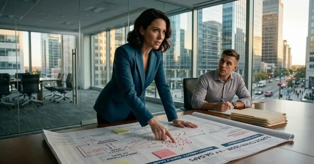 a business woman in a teal blazer leaning over a large map and pointing at a spot marked with red circles and a pink sticky note. She looks at a man sitting to her right wearing a white button down and writing in a notebook.