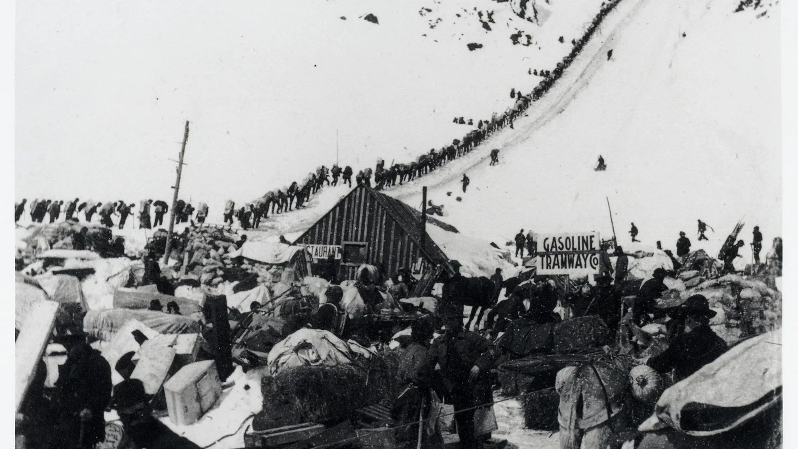 Stampeders hike up the Golden Stairs from Scales tent city on the Chilkoot Trail