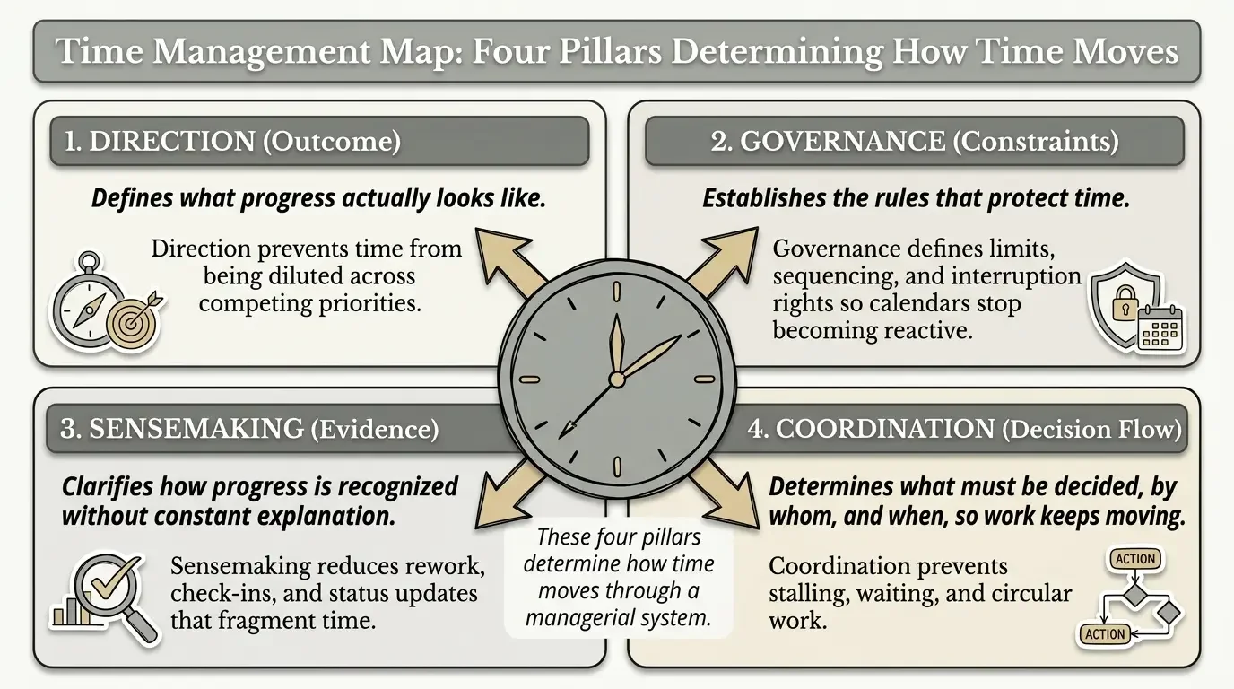 A diagram titled 'Time Management Map: Four Pillars Determining How Time Moves' with four quadrants arranged around a clock: 1. Direction (Outcome) with icons of a compass and target, explaining how direction prevents time from being diluted across priorities; 2. Governance (Constraints) with a shield and calendar icon, explaining how rules protect time; 3. Sensemaking (Evidence) with a magnifying glass over a bar chart, explaining clarifying progress without constant updates; 4. Coordination (Decision Flow) with a flowchart icon, explaining how decision flow keeps work moving. Central clock showing approximately 3:05.