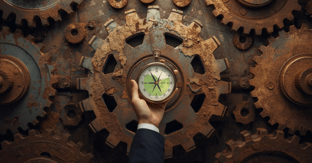 A hand holding a compass surrounded by mechanical gears, symbolizing manager overwhelm caused by competing priorities and the need for clear direction within complex organizational systems.