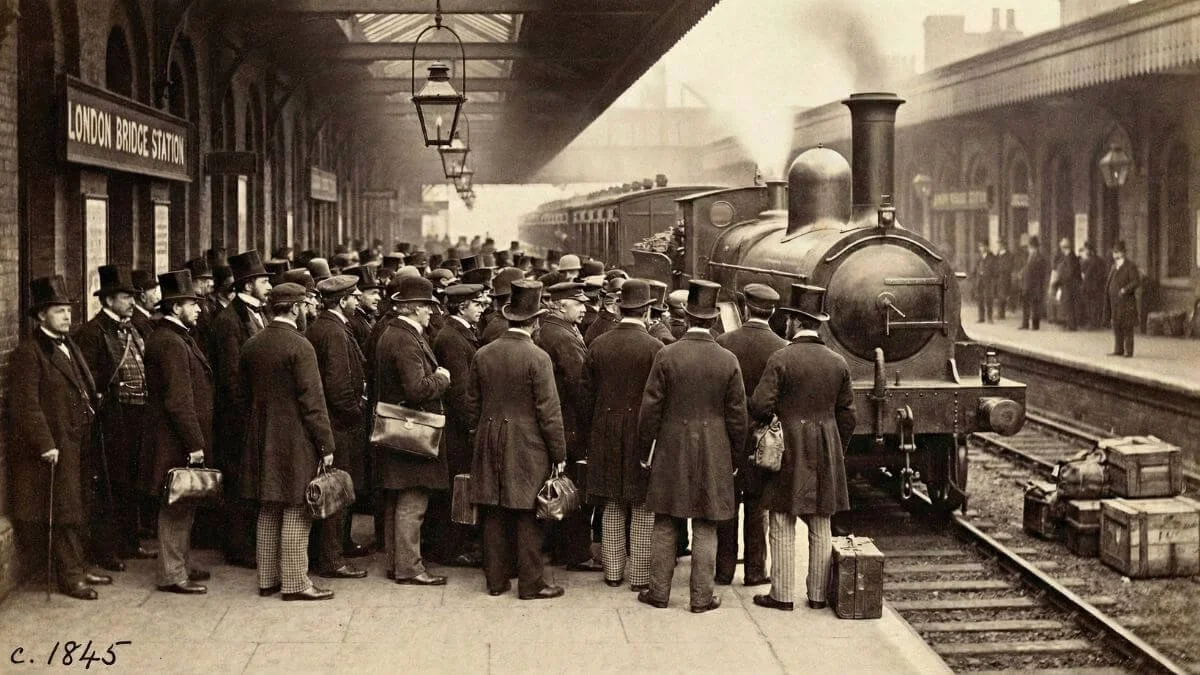 Sepia-toned photograph of 1840s railway platform crowded with workers in dark coats waiting for the morning train to London, showing the first generation of daily commuters.