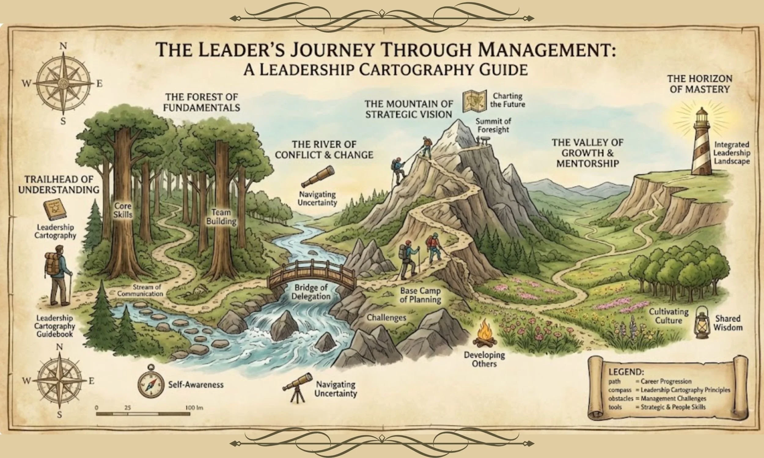 An illustrated leadership journey map titled "The Leader's Journey Through Management" with a mountain trail, rivers, trees, and a lighthouse. The map depicts different stages and principles of leadership, including understanding, vision, growth, and mastery, with various icons representing skills, challenges, communication, and wisdom.