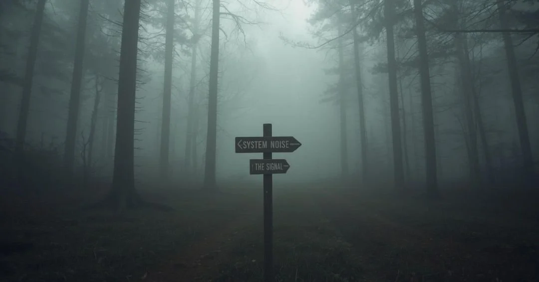 Foggy forest scene with a signpost pointing in two directions labeled “System Noise” and “The Signal,” representing the challenge of distinguishing meaningful employee feedback from performative listening systems.