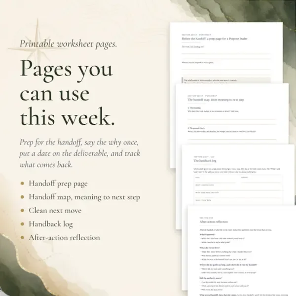 Printable worksheet pages from the Purpose Delegation Field Guide: prep page, handoff map, handback log, reflection