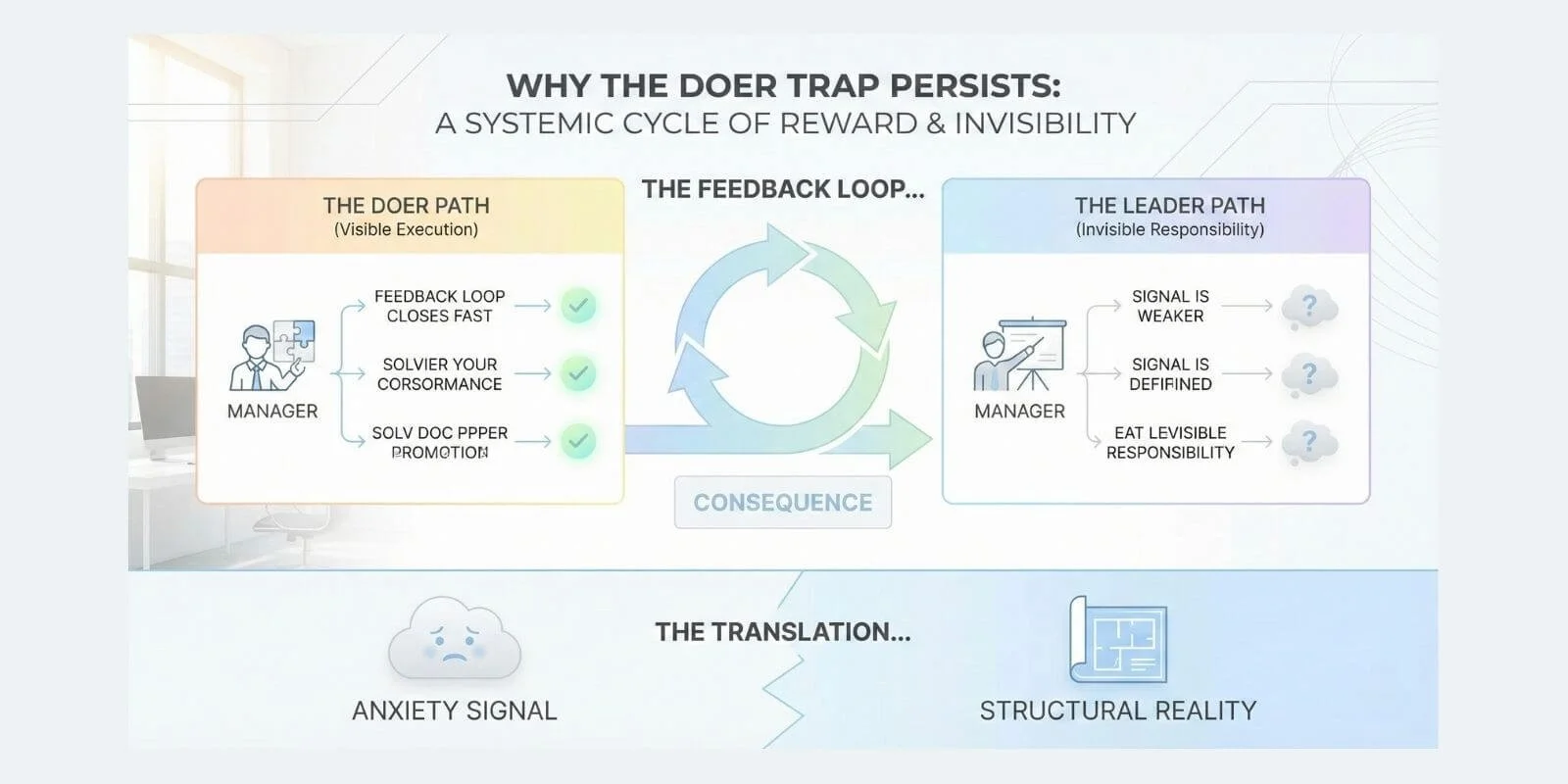 Manager identity diagram explaining why managers stay stuck in the doer trap instead of leading.