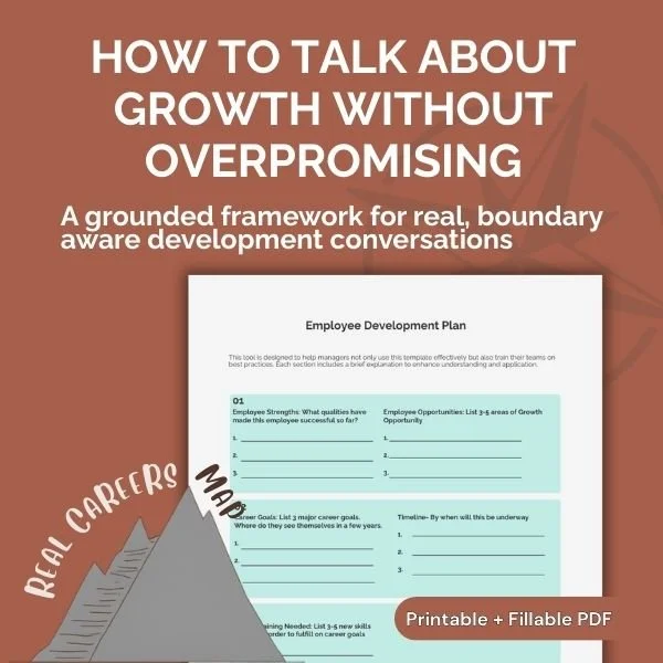 Employee Development Plan template for managers in the Support Pathway orientation. This printable and fillable PDF provides a boundary-aware framework for real career growth conversations without overpromising.