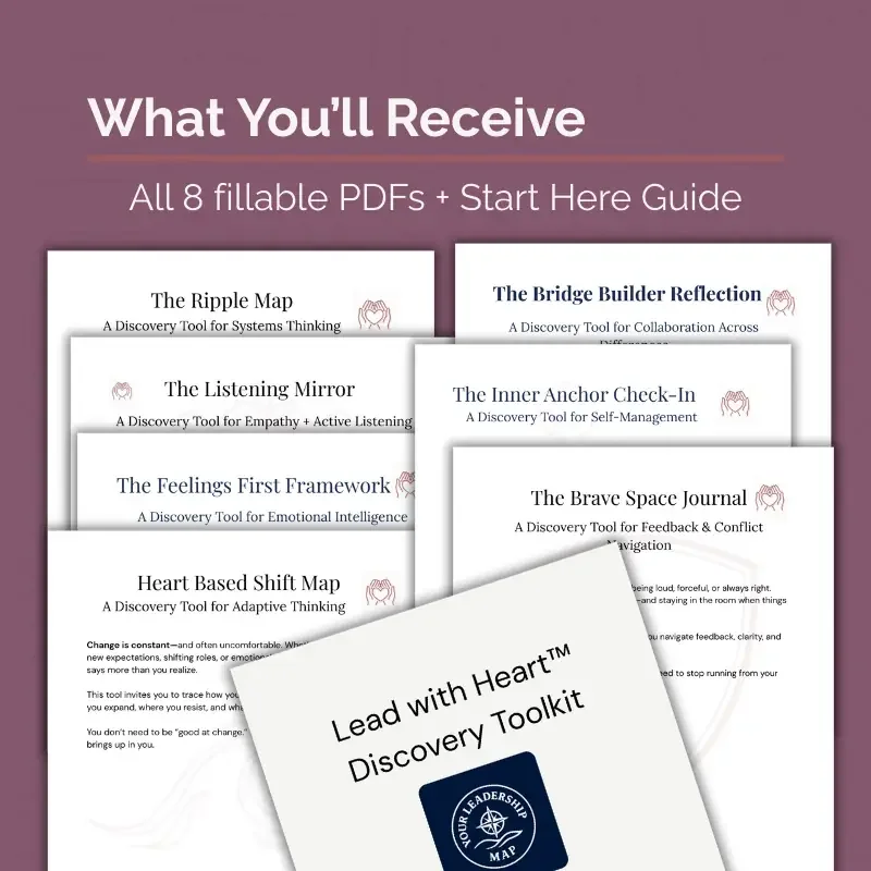Overview graphic showing the full set of fillable PDFs included in the Lead with Heart Pathway Discovery Toolkit, including reflection maps and guided worksheets.