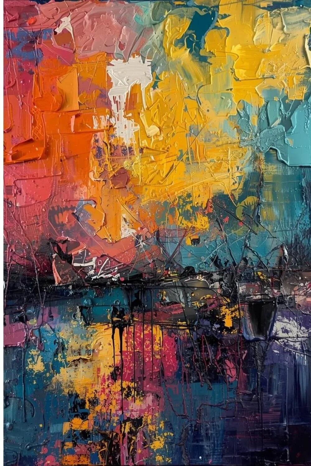 Colorful abstract expressionist painting with bold strokes of orange, yellow, blue, and pink, featuring textured and layered paint with drips and splatters.