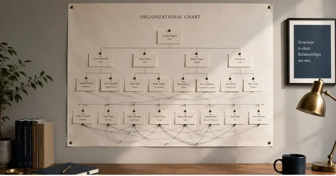 Editorial-style office scene featuring a large paper organizational chart pinned to a neutral wall, with name cards connected by formal reporting lines and faint blue threads crossing between roles to suggest informal workplace relationships.