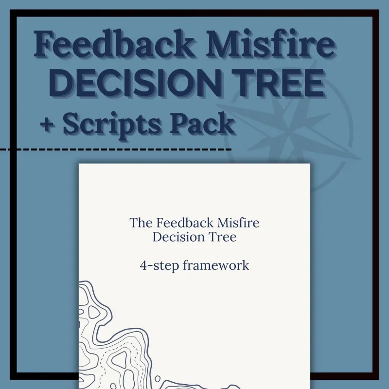 Cover page for Feedback Misfire Decision Tree + Scripts Pack with topographic map design and title "The Feedback Misfire Decision Tree 4-step framework"