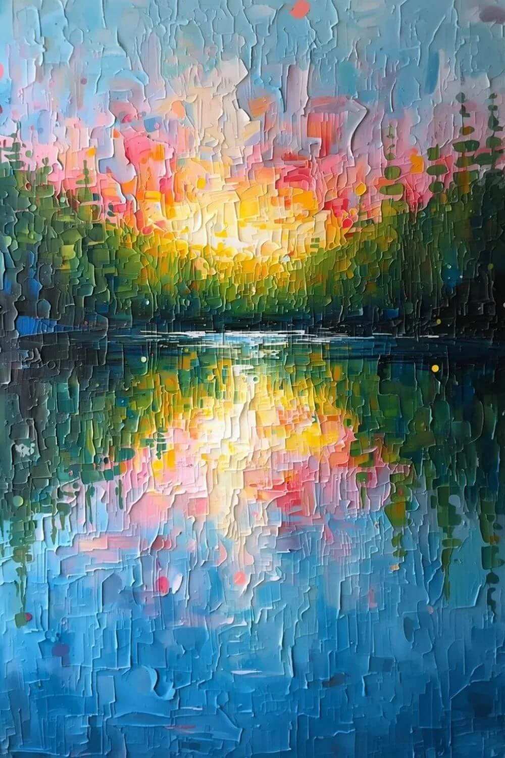 Abstract oil painting with thick, impasto textures in vibrant greens, pinks, and yellows, representing the shifting terrain of a leadership development map and the growth of the student mind