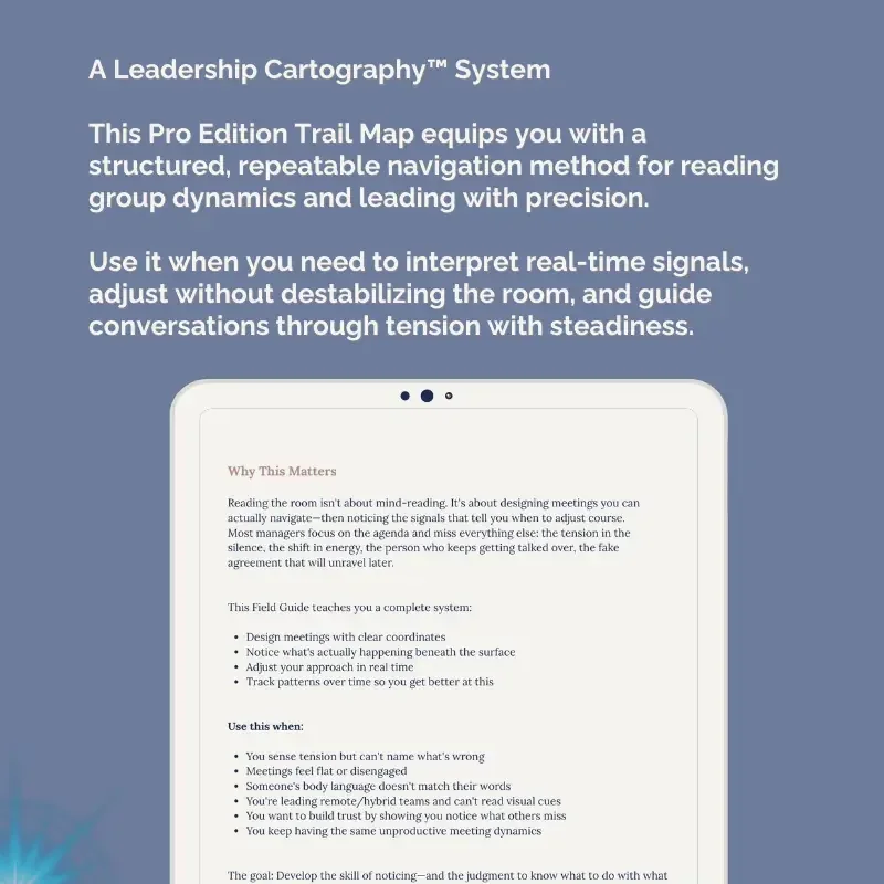 Graphic explaining the Leadership Cartography system used in the Lead the Room tool to read group dynamics and guide steady decision-making.