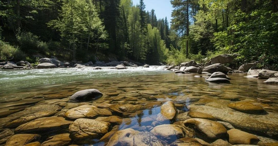 a mountain river stream bed revealing smoothed river stones