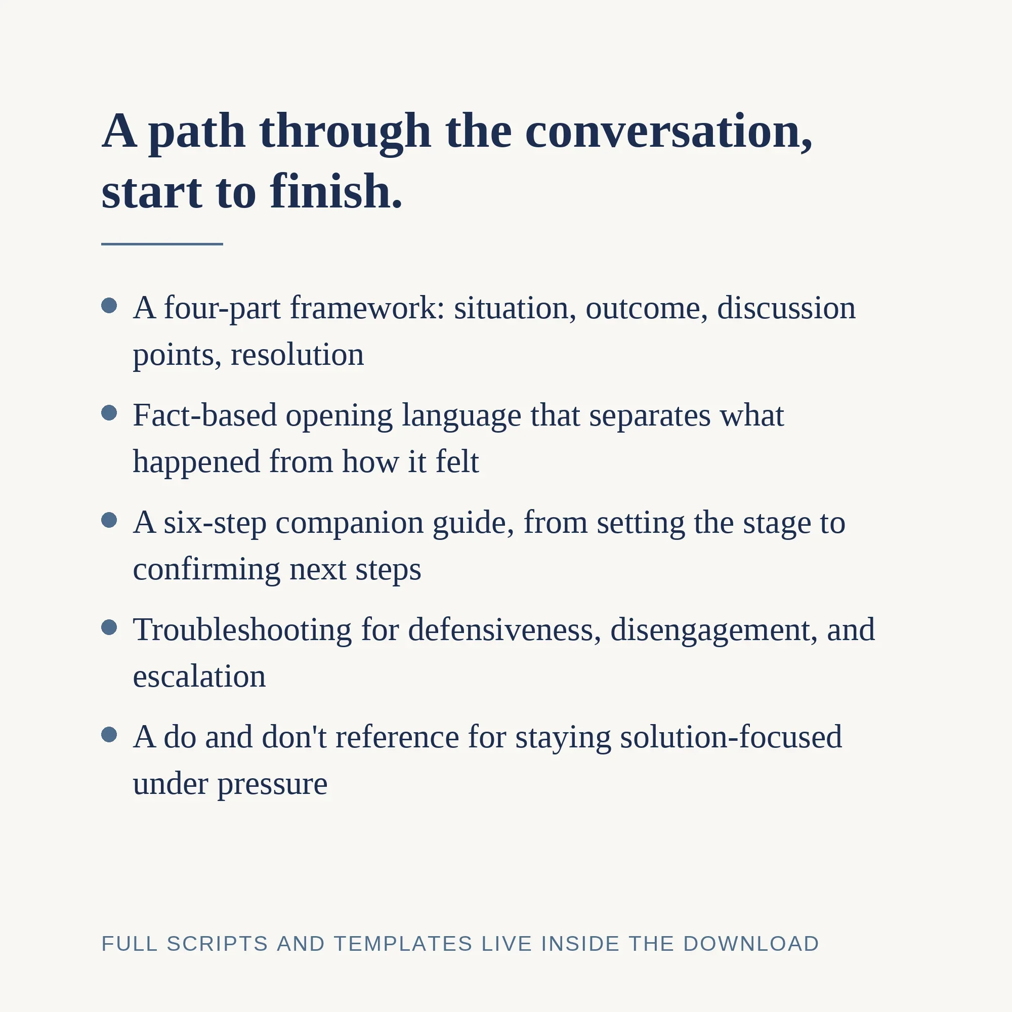 What's inside: four-part framework, fact-based scripts, six-step guide, troubleshooting, do and don't reference.