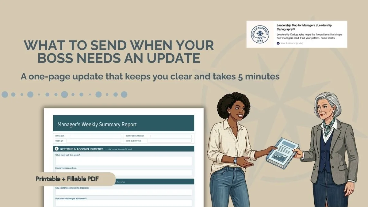 Weekly Update image with a character handing a report to their boss