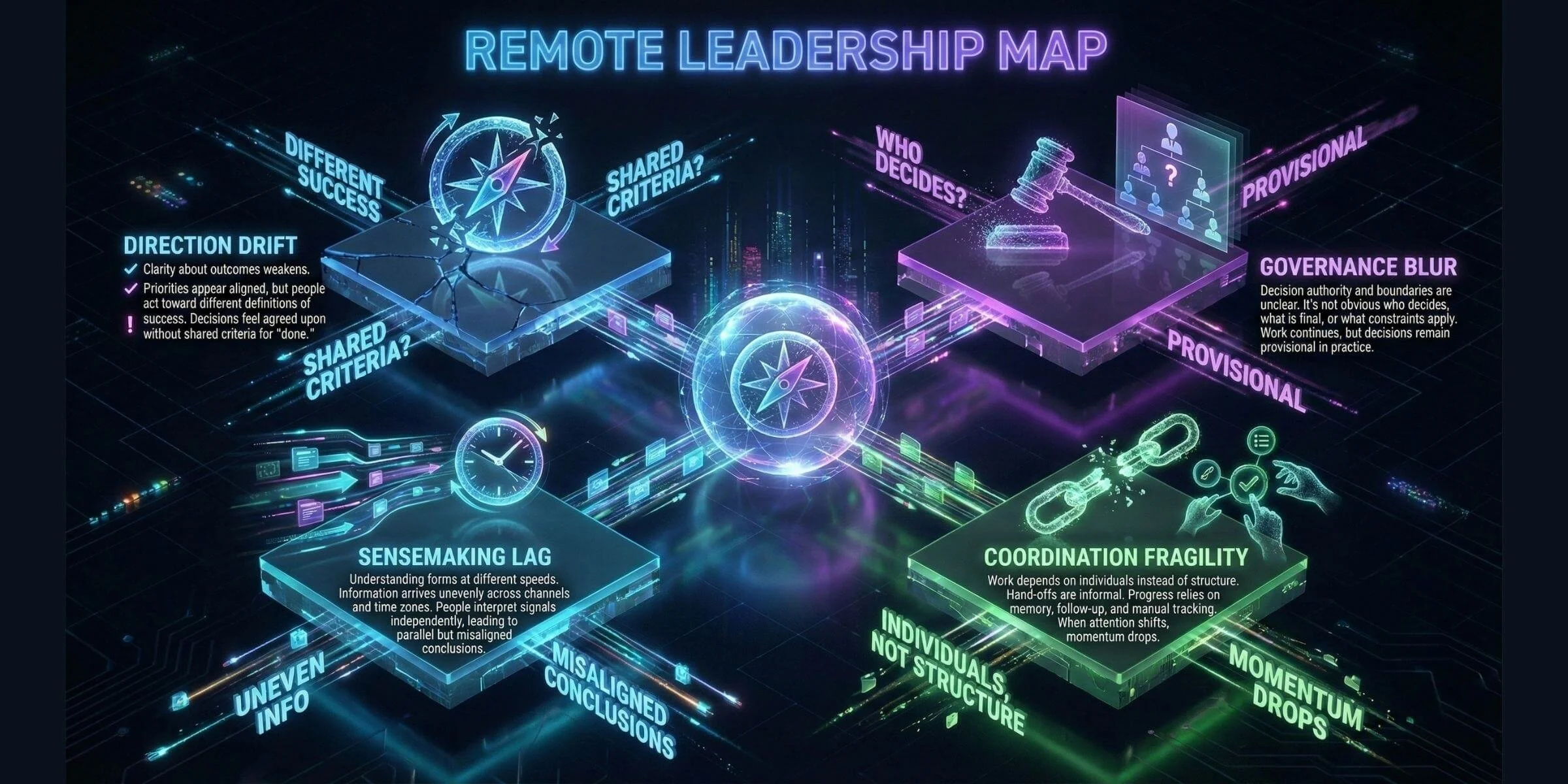 Futuristic digital illustration of a 'Remote Leadership Map' showing interconnected sections with labels and descriptions, including 'Direction Drift,' 'Shared Criteria,' 'Who Decides?,' 'Provisional,' 'Governance Blur,' 'Coordination Fragility,' 'Sensemaking Lag,' and 'Uneven Info,' features glowing neon text, icons, and schematic elements in blue, purple, and green colors.