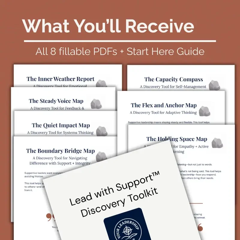 Overview graphic showing the full set of fillable PDFs included in the Lead with Support Pathway Discovery Toolkit, including reflection maps and guidance tools.