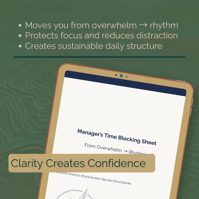 Dark topographic background with laptop mockup and bullets about shifting from overwhelm to rhythm, protecting focus, and building sustainable structure, plus “Clarity Creates Confidence” text