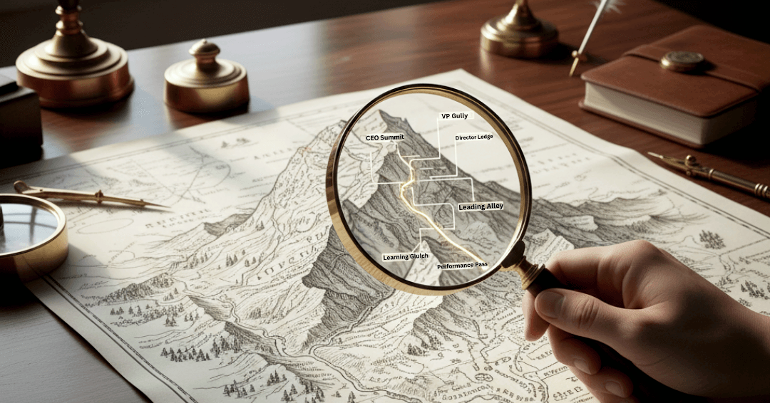A conceptual image of a hand holding a magnifying glass over a vintage topographical map of a mountain range.