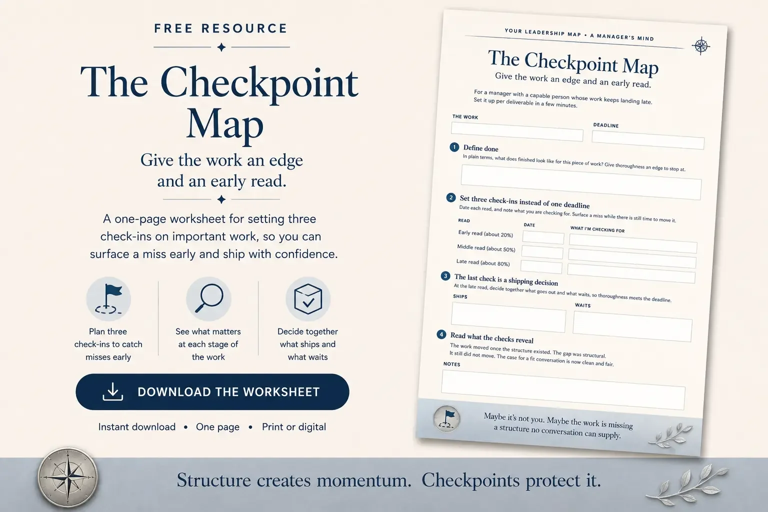 Promotional graphic for The Checkpoint Map, a free one-page manager worksheet for setting early, middle, and late check-ins on important work.