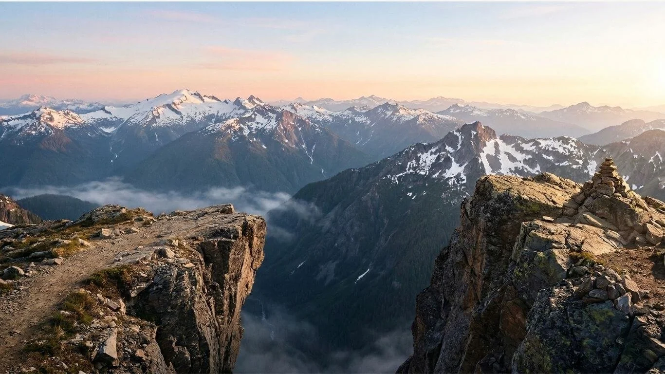 A stunning, wide-angle landscape photograph from a mountain summit. In the foreground, two dramatic, rugged granite cliffs frame a deep, misty chasm.