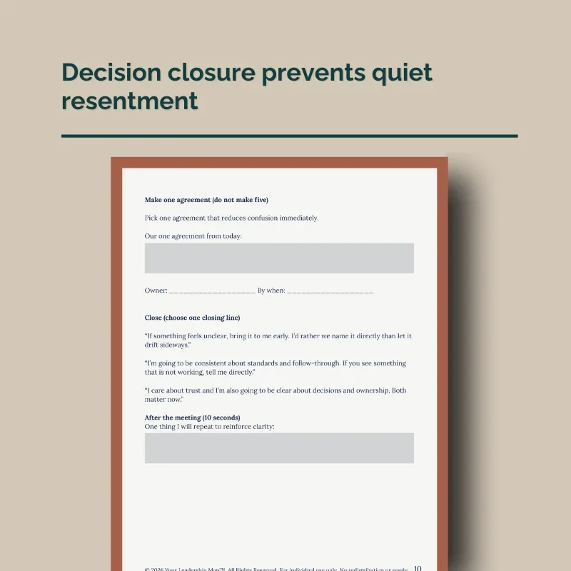 A fillable PDF page titled "Decision closure prevents quiet resentment" with a section to make one agreement