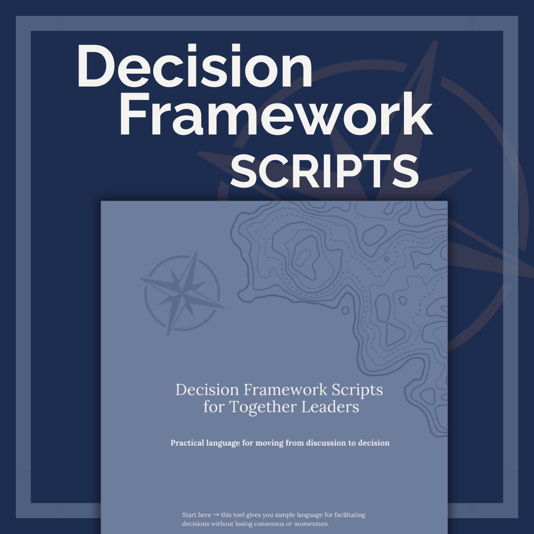 Cover of a book titled "Decision Framework Scripts" with a subtitle "for Together Leaders". The cover features a topographical map and a compass rose in the background, with a blue color scheme.