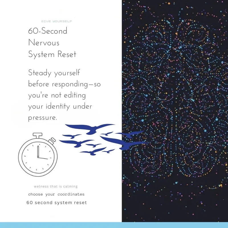 Split image showing stopwatch icon and flying birds with text "60-Second Nervous System Reset: Steady yourself before responding—so you're not editing your identity under pressure"