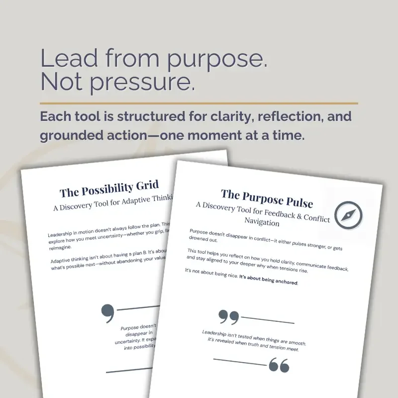 Preview of individual worksheets from the Lead with Purpose Pathway Discovery Toolkit, structured to support clarity, reflection, and grounded action.