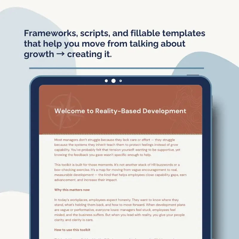 Preview of a tablet displaying a development framework from the Reality-Based Employee Development Toolkit used to guide employee growth conversations.