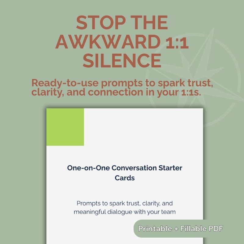 A digital graphic with a green background featuring a promotional card for conversation starter cards titled 'Stop the Awkward 1:1 Silence' which helps spark trust, clarity, and connection in one-on-one conversations, includes text about printable and fillable PDF.