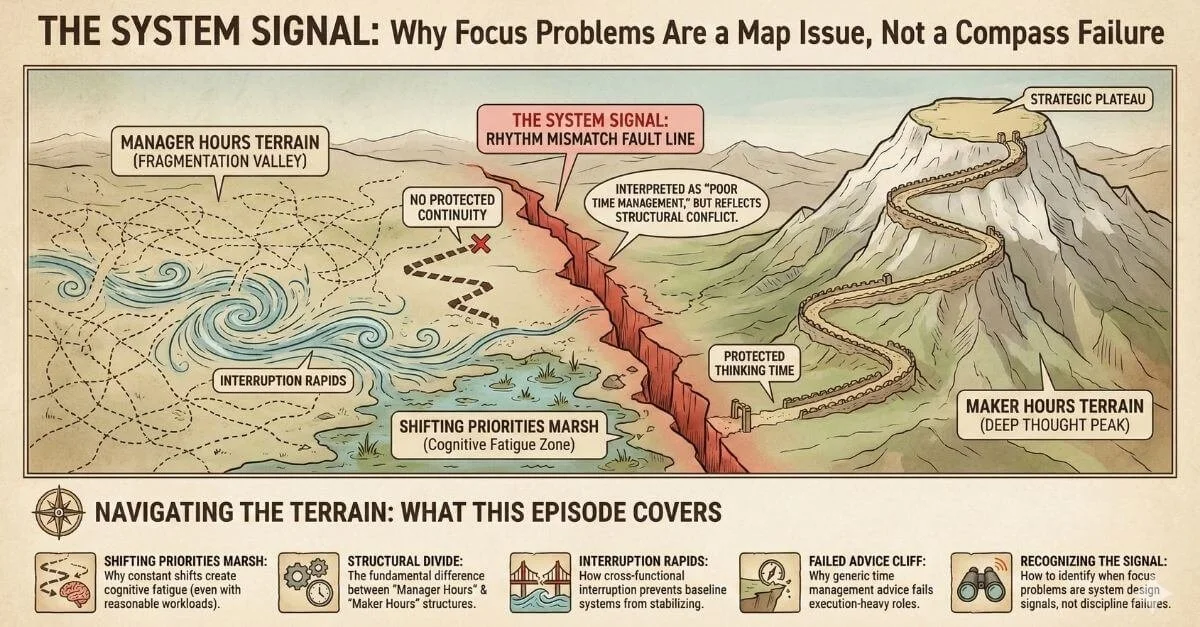 Vintage map infographic titled "THE SYSTEM SIGNAL," illustrating how the conflict between "Manager Hours Terrain" and "Maker Hours Terrain" leads to cognitive fatigue and focus issues.