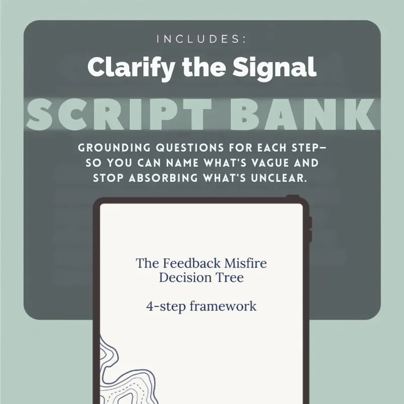 Dark olive green slide featuring Clarify the Signal Script Bank with text "Grounding questions for each step—so you can name what's vague and stop absorbing what's unclear" and mockup of tool pages