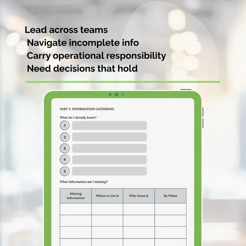 Slide describing who the toolkit is for: managers leading cross-functional work, navigating incomplete information, and carrying operational responsibility