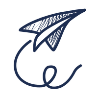 A stylized dark blue or navy paper airplane with a trail, drawn in a minimalist, graphic style.