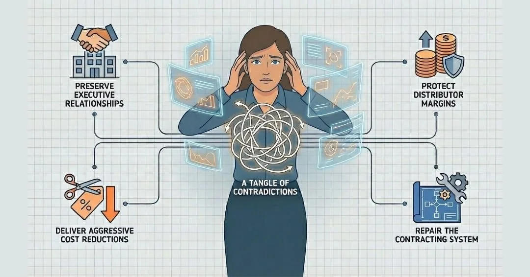 An illustration of a manager standing at the center of a tangle of contradictions. The diagram shows four competing system demands pulling on her