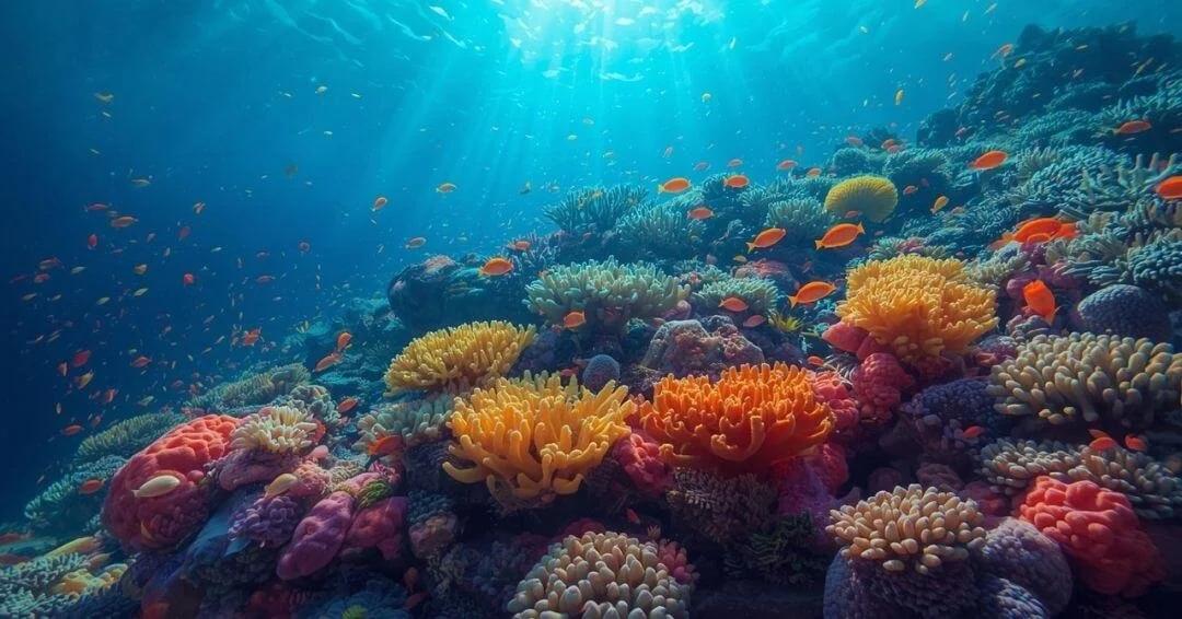 A vibrant underwater coral reef teeming with diverse orange and yellow fish swimming through deep blue water, representing the complex natural patterns of collaboration within the Together™ pathway.