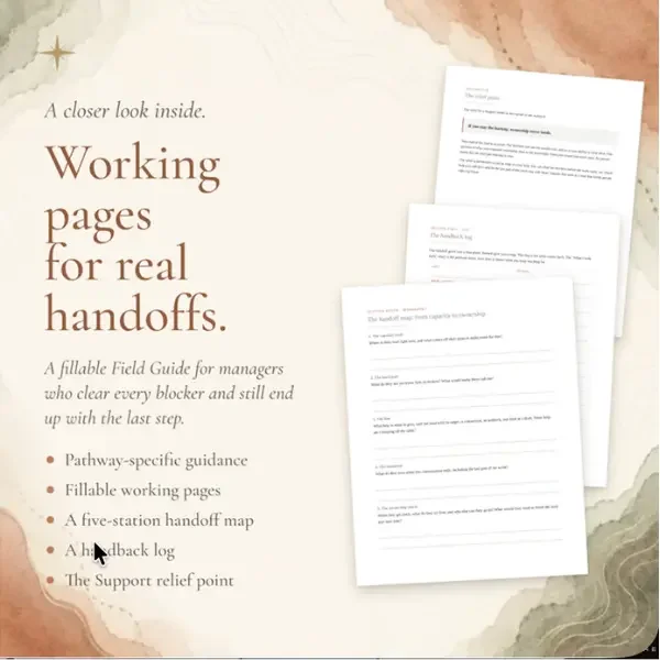 nside pages of the Support Delegation Field Guide showing the five-station handoff map
