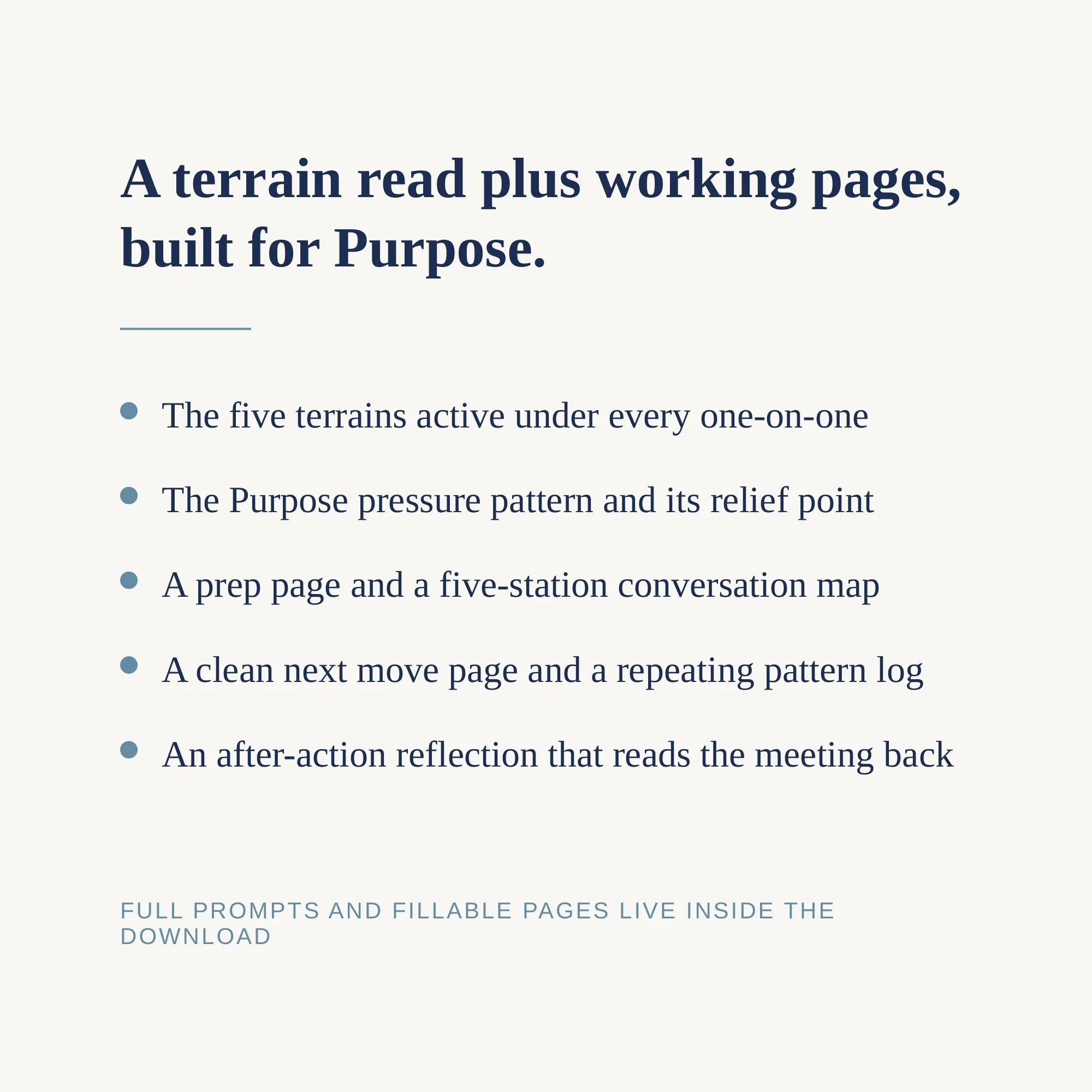 Inside the Purpose One-on-One Field Guide: terrain read, pressure pattern, prep page, conversation map, pattern log |