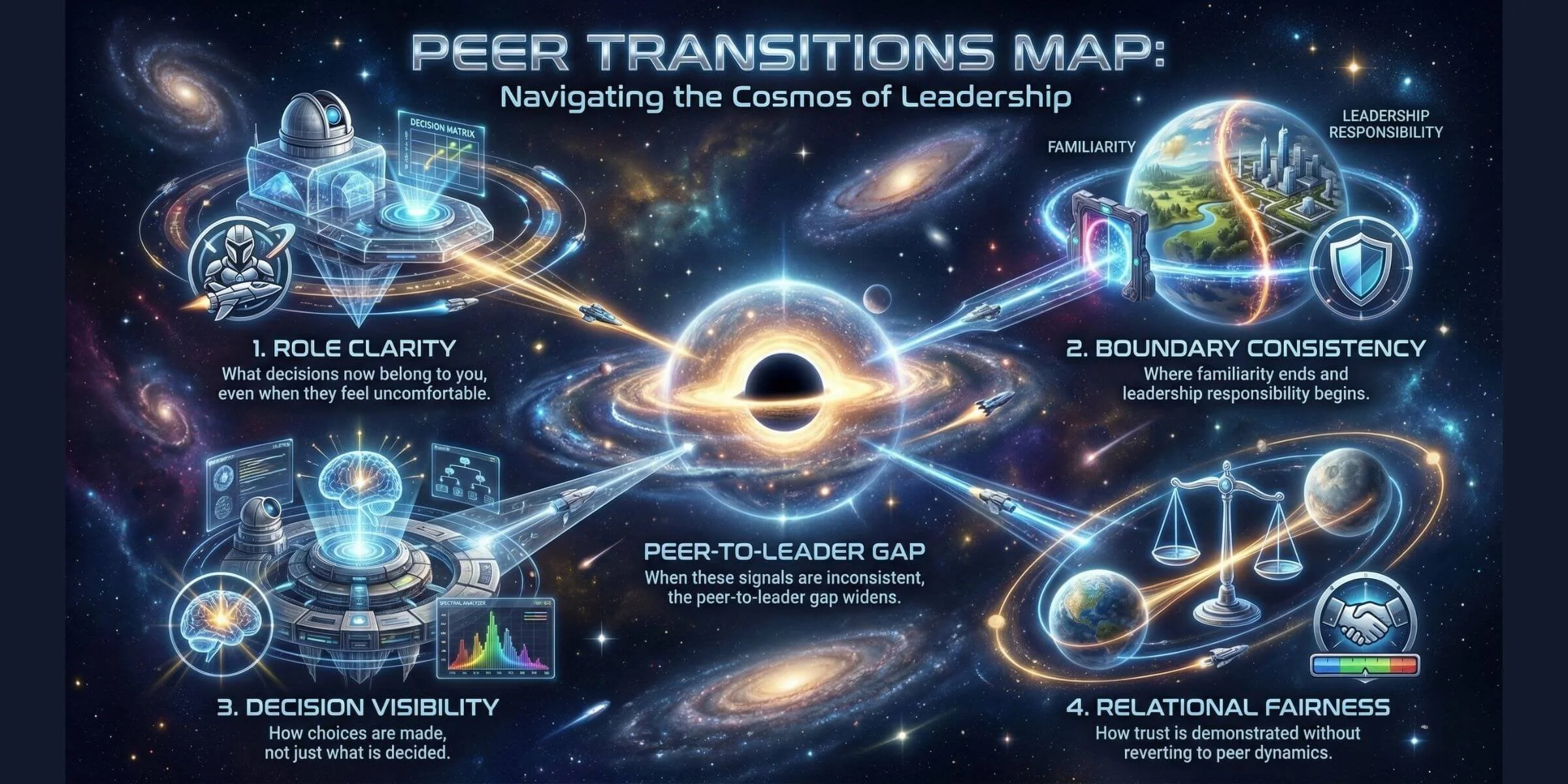 A space-themed infographic titled 'Peer Transitions Map: Navigating the Cosmos of Leadership' showing four key areas: 1. Role Clarity, 2. Boundary Consistency, 3. Decision Visibility, 4. Relational Fairness. Each area is illustrated with space and galaxy imagery, depicting elements like planets, scales, scales, a brain, and communication links, with brief descriptions for each.