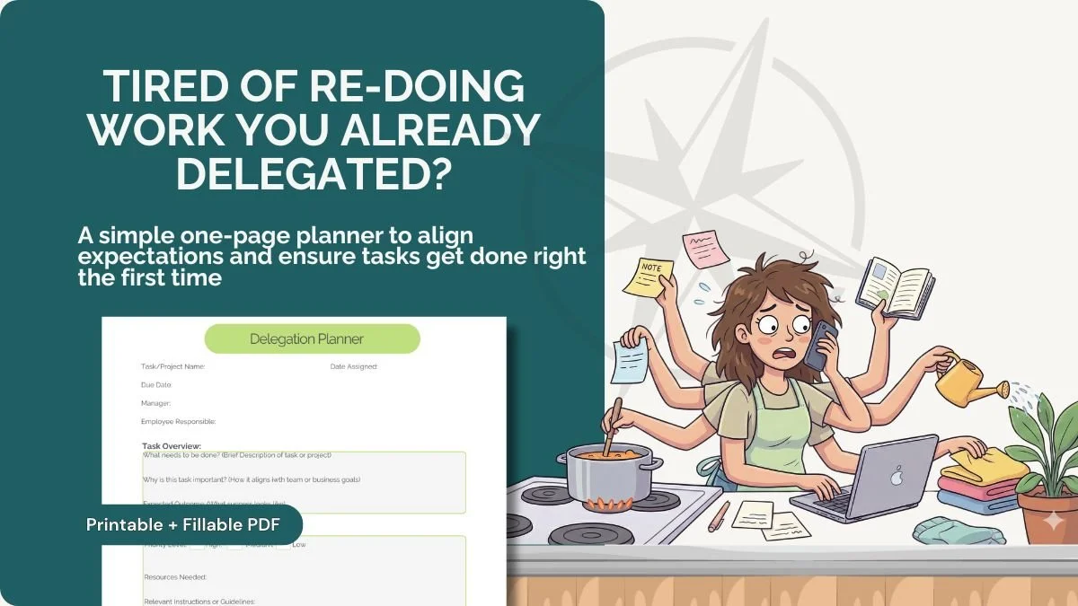 Promotional graphic for a Delegation Planner featuring a stressed multi-armed cartoon woman multitasking and a preview of the fillable PDF tool.