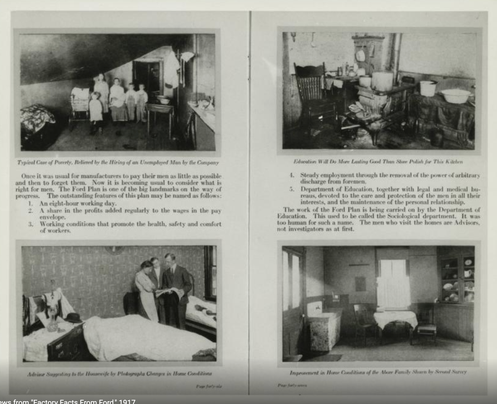 Sepia-toned photograph of Ford Sociological Department investigators in suits carrying clipboards, standing outside a worker's home in 1914, documenting living conditions as part of the profit-sharing eligibility verification process.