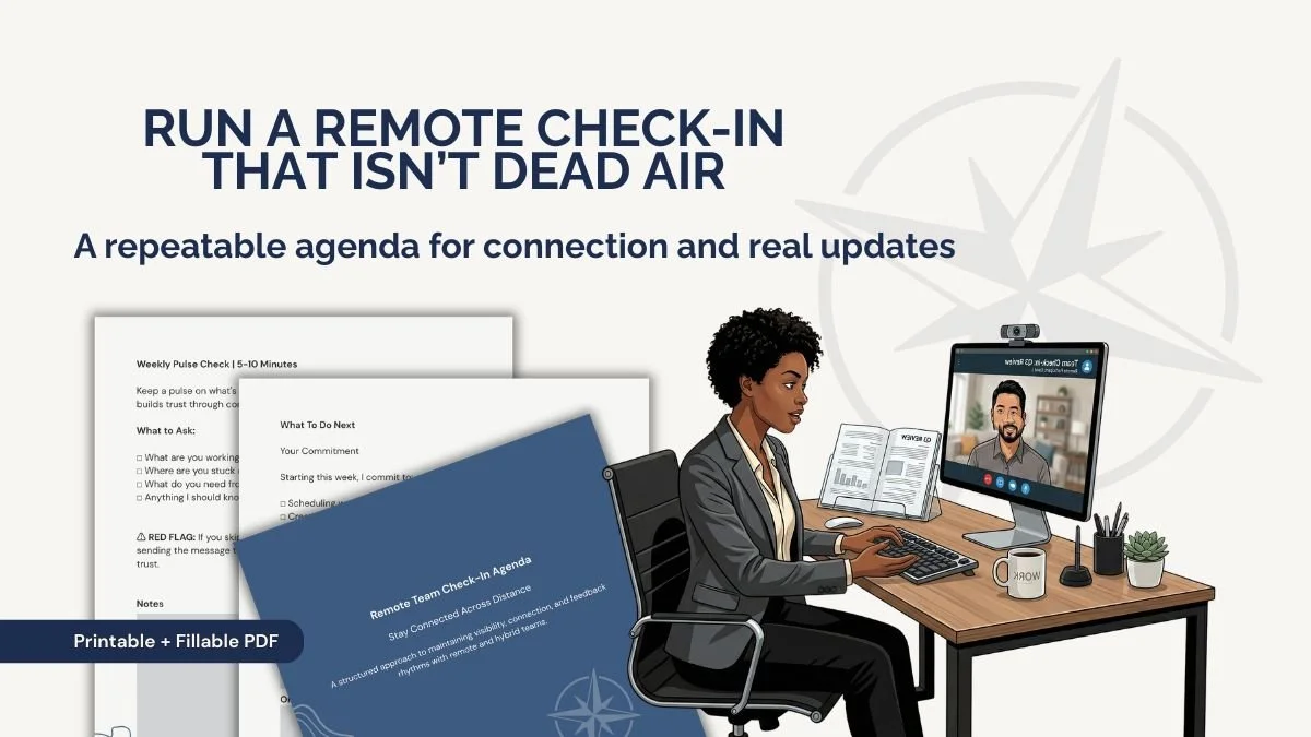 An illustration of a manager in a home office conducting a video call with a remote colleague. A digital preview of the Remote Team Check-In Agenda PDF tool is featured alongside the scene.