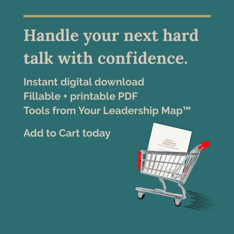 Promo graphic: “Handle your next hard talk with confidence,” with shopping cart illustration and instant digital download details.
