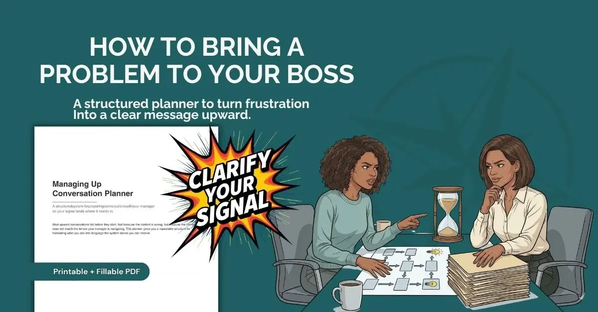 Managing up conversation planner for managers showing how to bring a problem to your boss, with illustration of two coworkers discussing workflow and the phrase “clarify your signal”