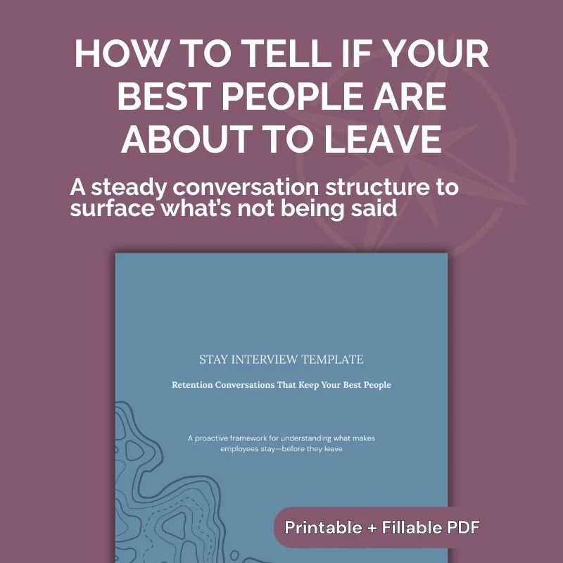 The image features a purple background with white text at the top that reads, "How to tell if your best people are about to leave." Below that, there is smaller white text that says, "A steady conversation structure to surface what's not being said." In the center, there is a blue rectangle resembling a book cover with the title "Stay Interview Template" and subtitle "Retention Conversations That Keep Your Best People," along with additional text about understanding what makes employees stay. A pink label at the bottom right indicates "Printable + Fillable PDF."