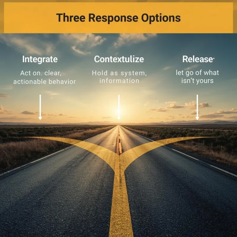 Three-path road at sunset with text "Three Response Options: Integrate, Contextualize, Release" overlaid on highway leading to horizon