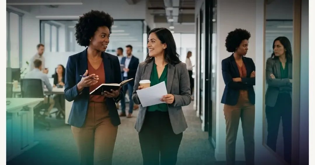 Two women walk through an office talking, while two others stand in the background in a tense exchange.