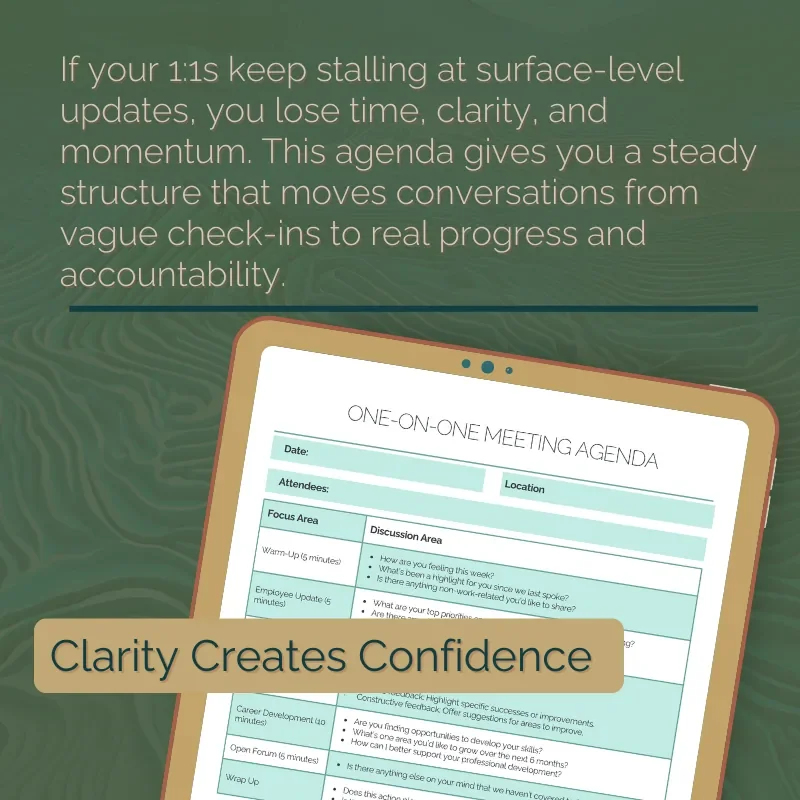 Dark topographic background with tablet mockup showing the one-on-one meeting agenda and text about moving 1:1s from surface updates to progress and accountability, plus “Clarity Creates Confidence.”
