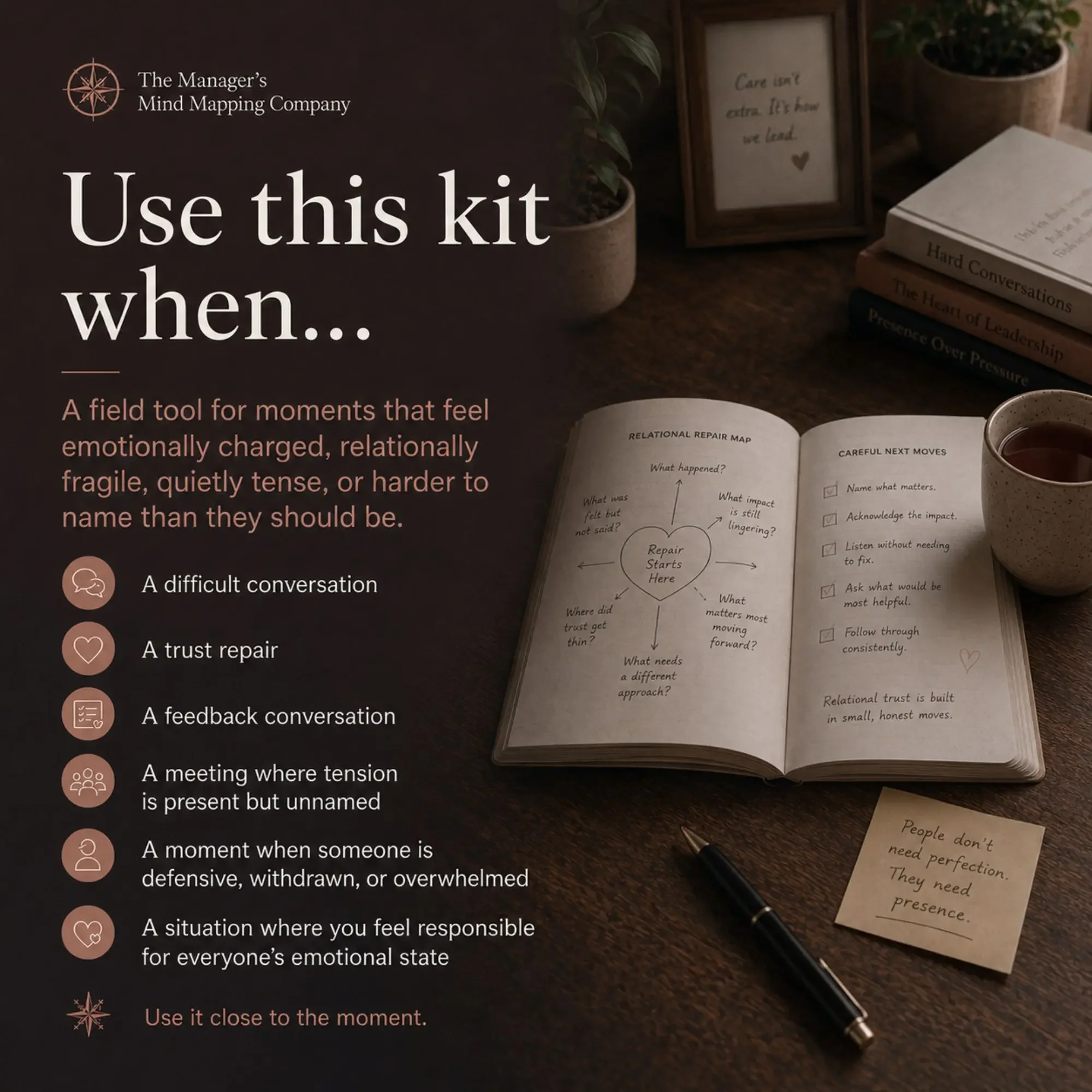 Inside pages of the Heart Repair Kit showing the pressure-signal read and repair worksheets.